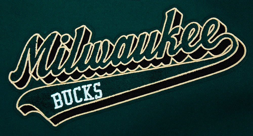 NBA MILWAUKEE BUCKS SCRIPT TAIL WOMEN'S WOOL VARSITY JACKET (FOREST GREEN/WHITE) - Image 7