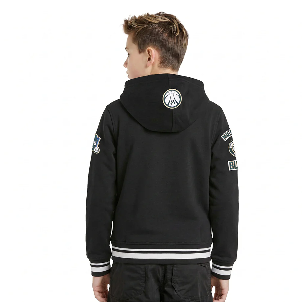 NBA MILWAUKEE BUCKS RETRO CLASSIC LITTLE BOYS RIB FLEECE PULLOVER HOODIE (BLACK) - Image 2