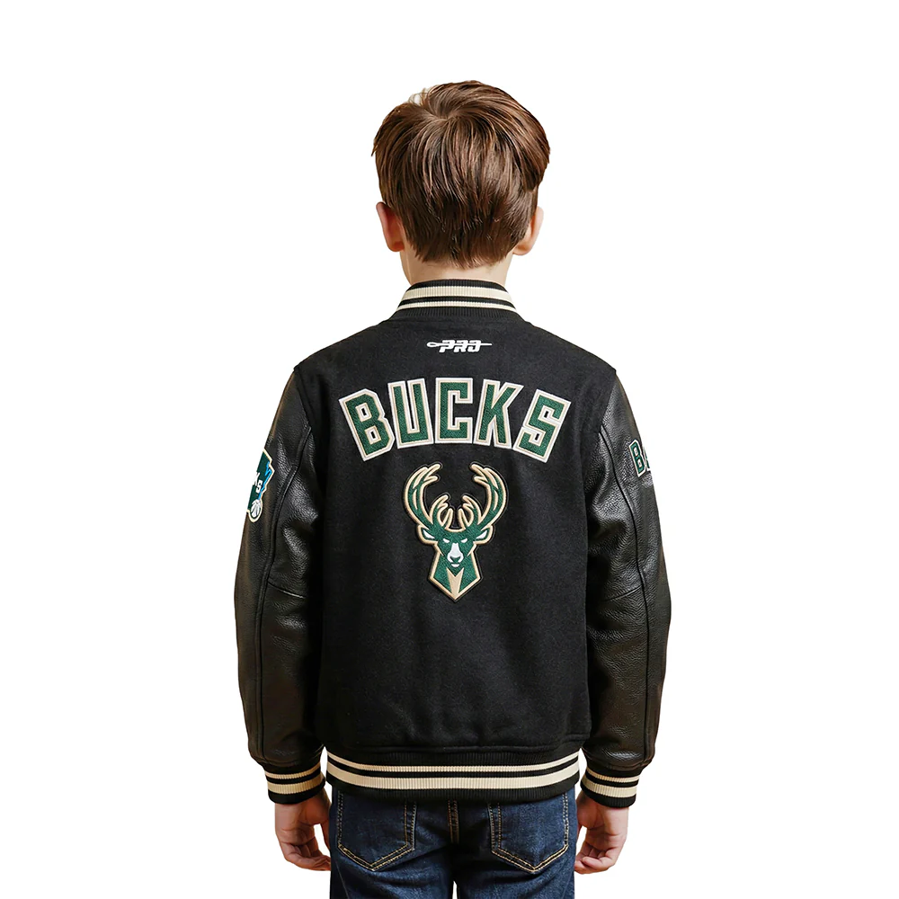 NBA MILWAUKEE BUCKS RETRO CLASSIC LITTLE BOYS RIB WOOL VARSITY JACKET (BLACK) - Image 2