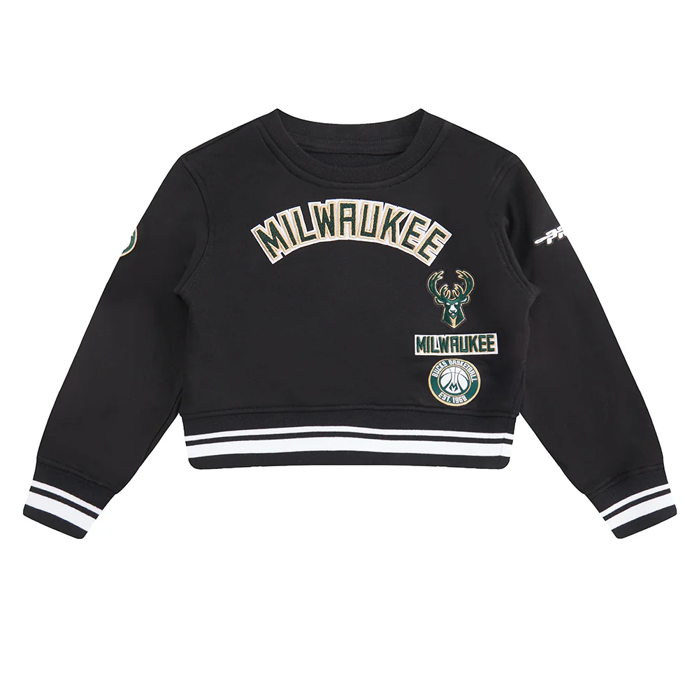 NBA MILWAUKEE BUCKS RETRO CLASSIC TODDLER GIRLS RIB FLEECE CREWNECK (BLACK)