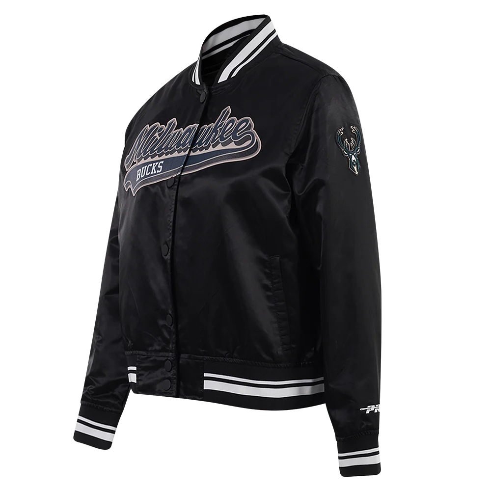 NBA MILWAUKEE BUCKS SCRIPT TAIL WOMEN'S SATIN JACKET (BLACK) - Image 2