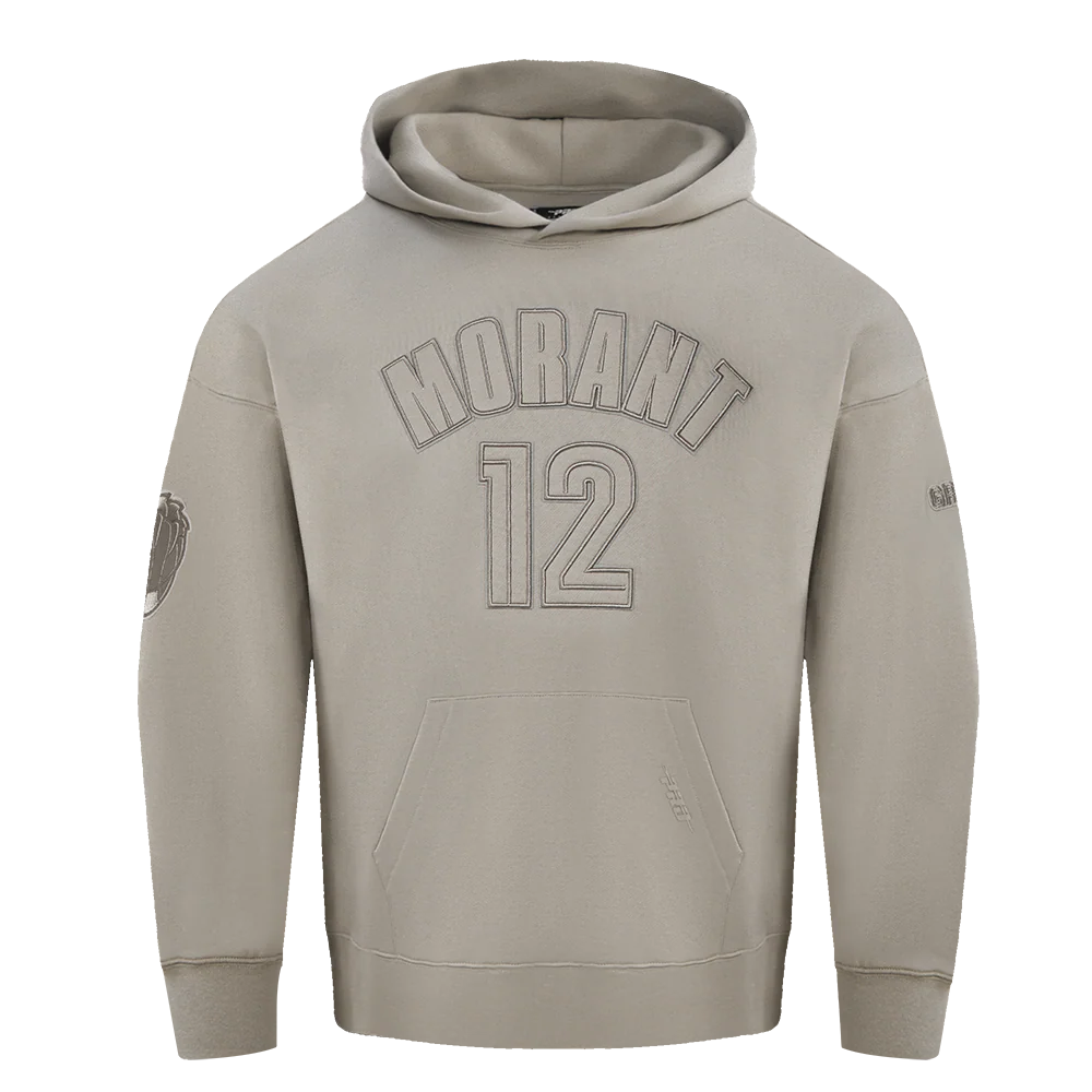 NBA MEMPHIS GRIZZLIES JA MORANT #12 NEUTRAL MEN'S DROP SHOULDER FLEECE PULLOVER HOODIE (TAUPE)