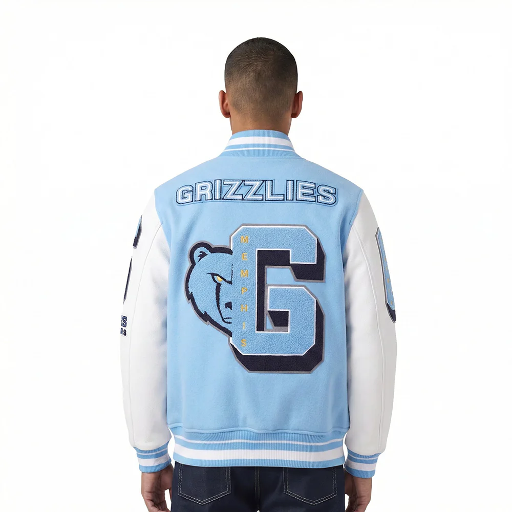 NBA MEMPHIS GRIZZLIES MASHUP MEN'S RIB WOOL VARSITY JACKET (UNIVERSITY BLUE/WHITE) - Image 2