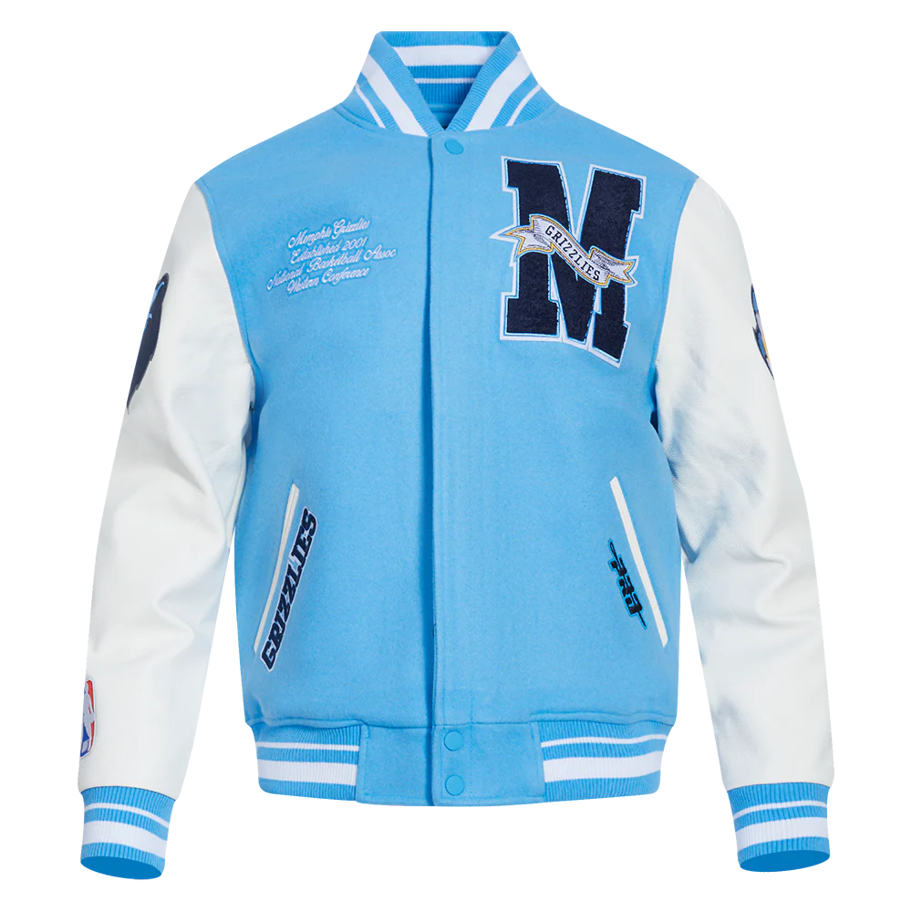 NBA MEMPHIS GRIZZLIES TEAM PENNANTS MEN'S RIB WOOL VARSITY JACKET (UNIVERSITY BLUE/WHITE)
