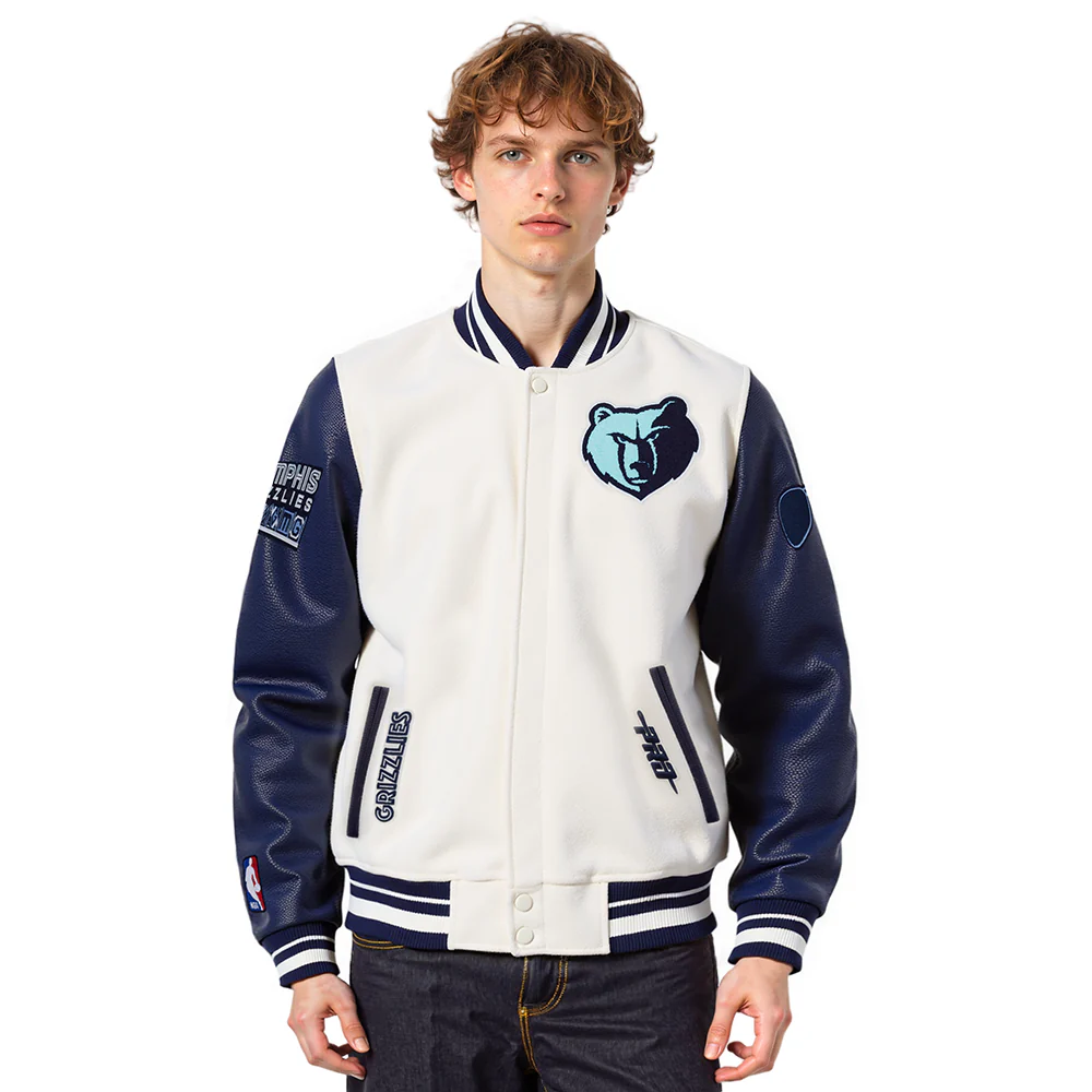 NBA MEMPHIS GRIZZLIES CITY EDITION 25-26 MEN'S RIB WOOL VARSITY JACKET (EGGSHELL/ MIDNIGHT NAVY)