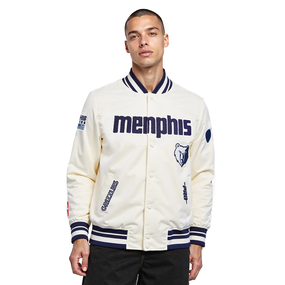 NBA MEMPHIS GRIZZLIES CITY EDITION 25-26 MEN'S PRO SATIN YD RIB JACKET (EGGSHELL/ MIDNIGHT NAVY)