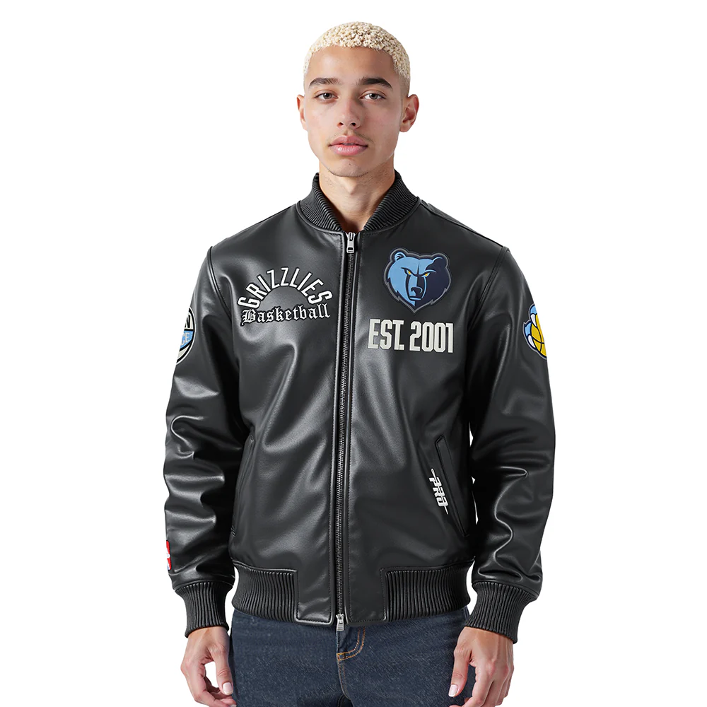 NBA MEMPHIS GRIZZLIES MODERN ORIGINALS MEN'S LEATHER VARSITY JACKET (JET BLACK)