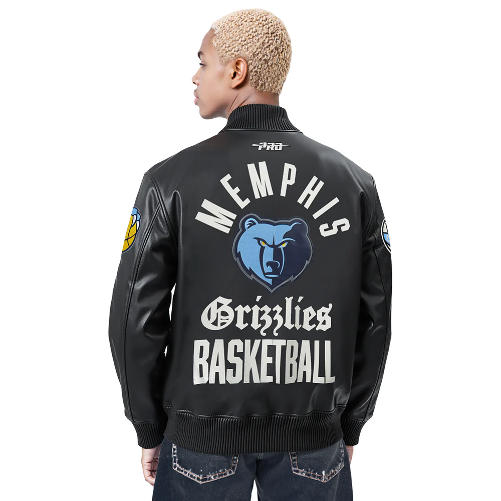 NBA MEMPHIS GRIZZLIES MODERN ORIGINALS MEN'S LEATHER VARSITY JACKET (JET BLACK) - Image 2