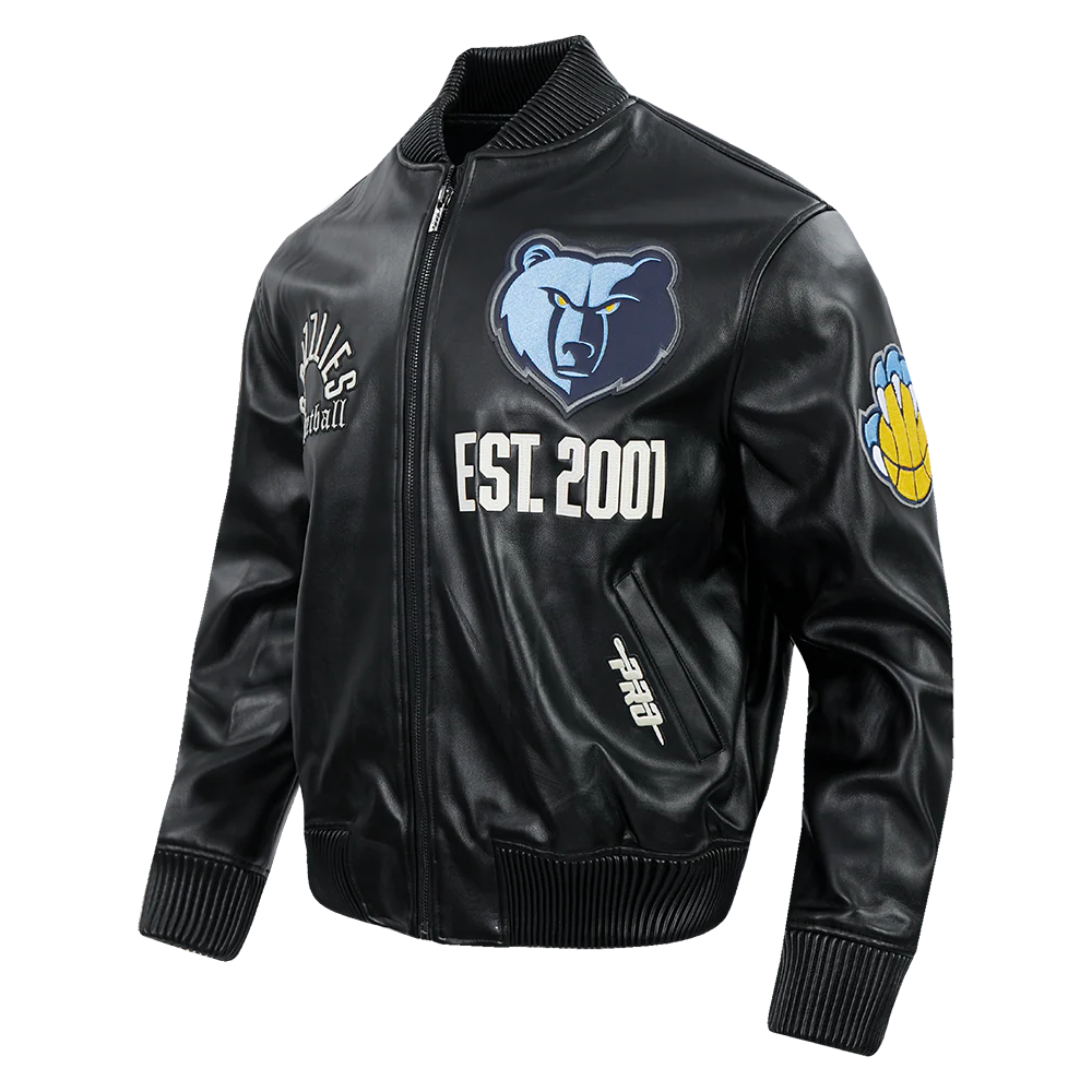 NBA MEMPHIS GRIZZLIES MODERN ORIGINALS MEN'S LEATHER VARSITY JACKET (JET BLACK) - Image 3