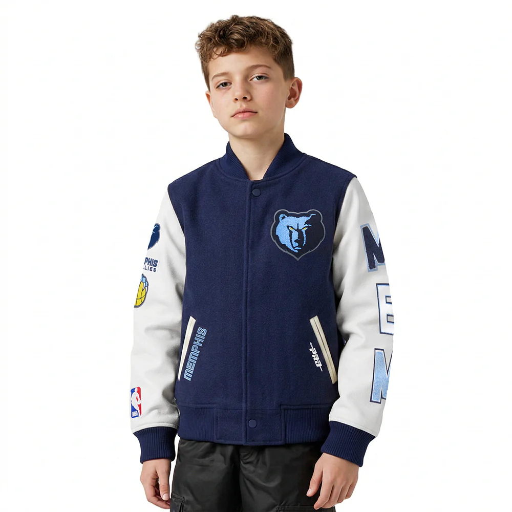NBA MEMPHIS GRIZZLIES CLASSIC BIG BOYS WOOL VARSITY JACKET (MIDNIGHT NAVY/WHITE)