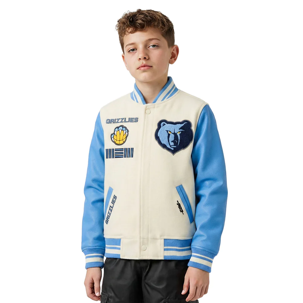 NBA MEMPHIS GRIZZLIES RETRO CLASSIC BIG BOYS RIB WOOL VARSITY JACKET (EGGSHELL/ UNIVERSITY BLUE)