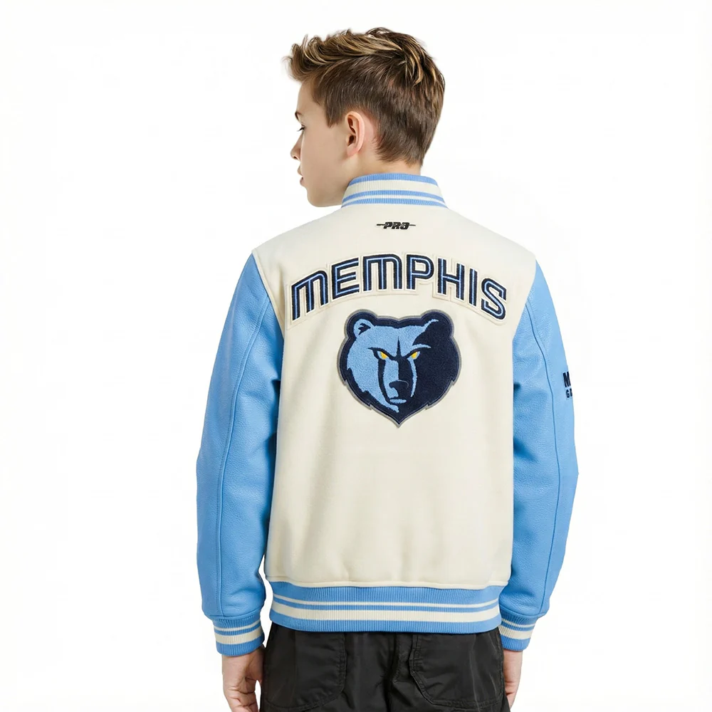NBA MEMPHIS GRIZZLIES RETRO CLASSIC BIG BOYS RIB WOOL VARSITY JACKET (EGGSHELL/ UNIVERSITY BLUE) - Image 2