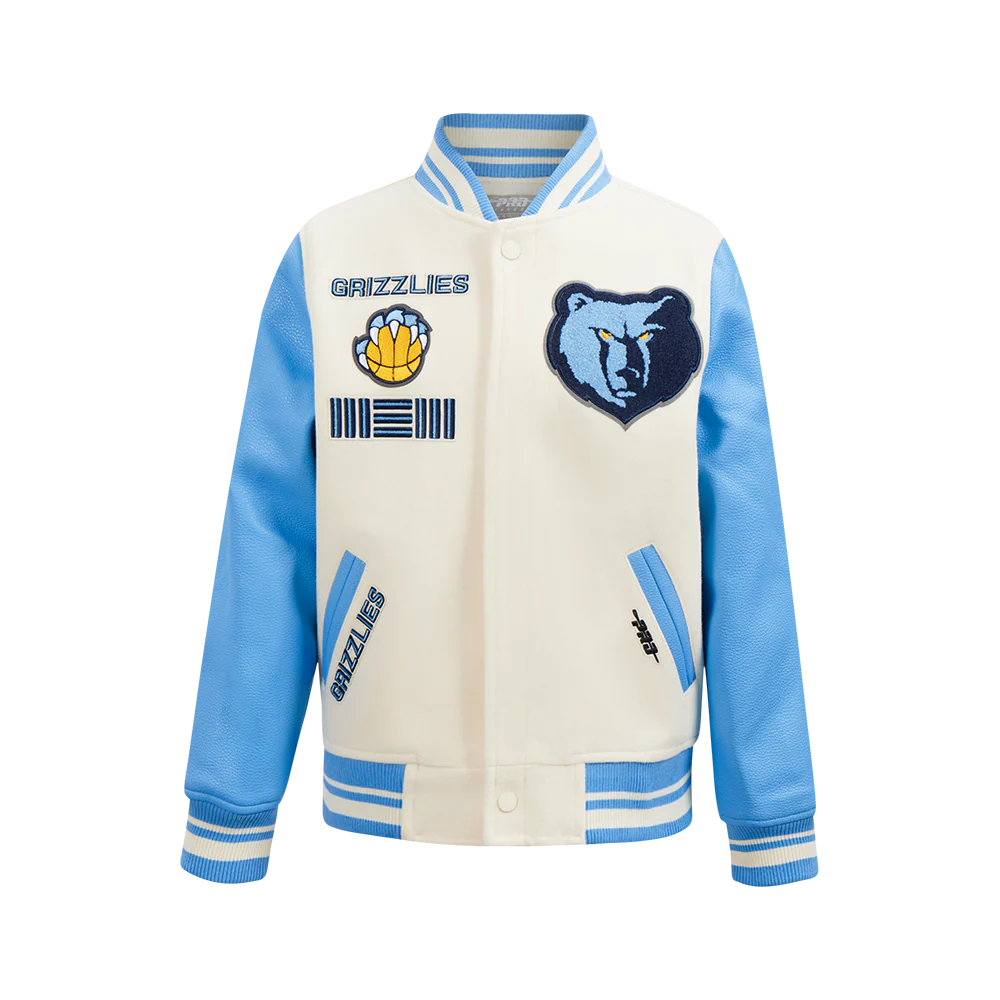 NBA MEMPHIS GRIZZLIES RETRO CLASSIC BIG BOYS RIB WOOL VARSITY JACKET (EGGSHELL/ UNIVERSITY BLUE) - Image 3