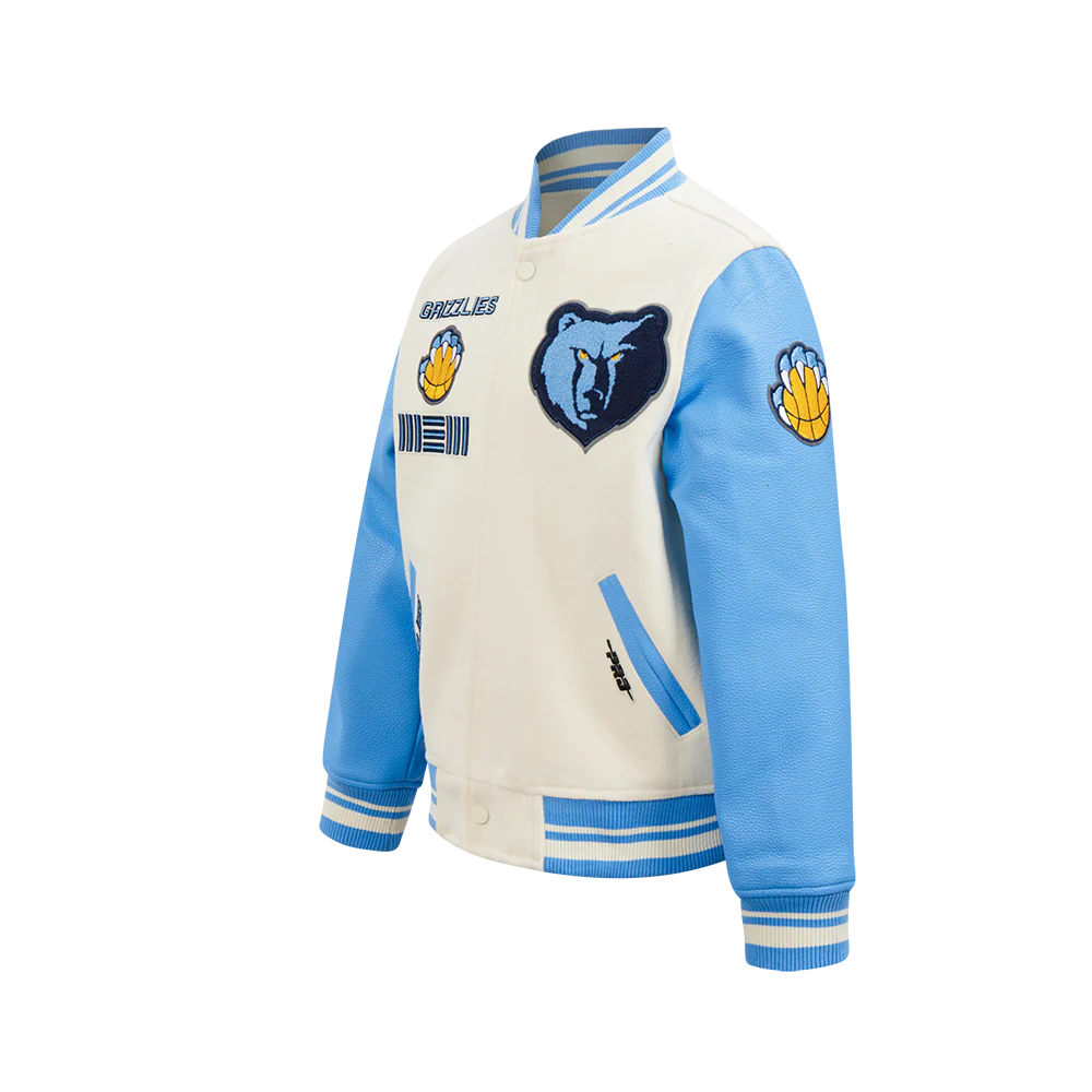 NBA MEMPHIS GRIZZLIES RETRO CLASSIC BIG BOYS RIB WOOL VARSITY JACKET (EGGSHELL/ UNIVERSITY BLUE) - Image 5