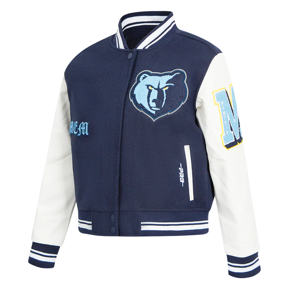 NBA MEMPHIS GRIZZLIES OLD ENGLISH WOMEN'S RIB WOOL VARSITY JACKET (MIDNIGHT NAVY/WHITE) - Image 2