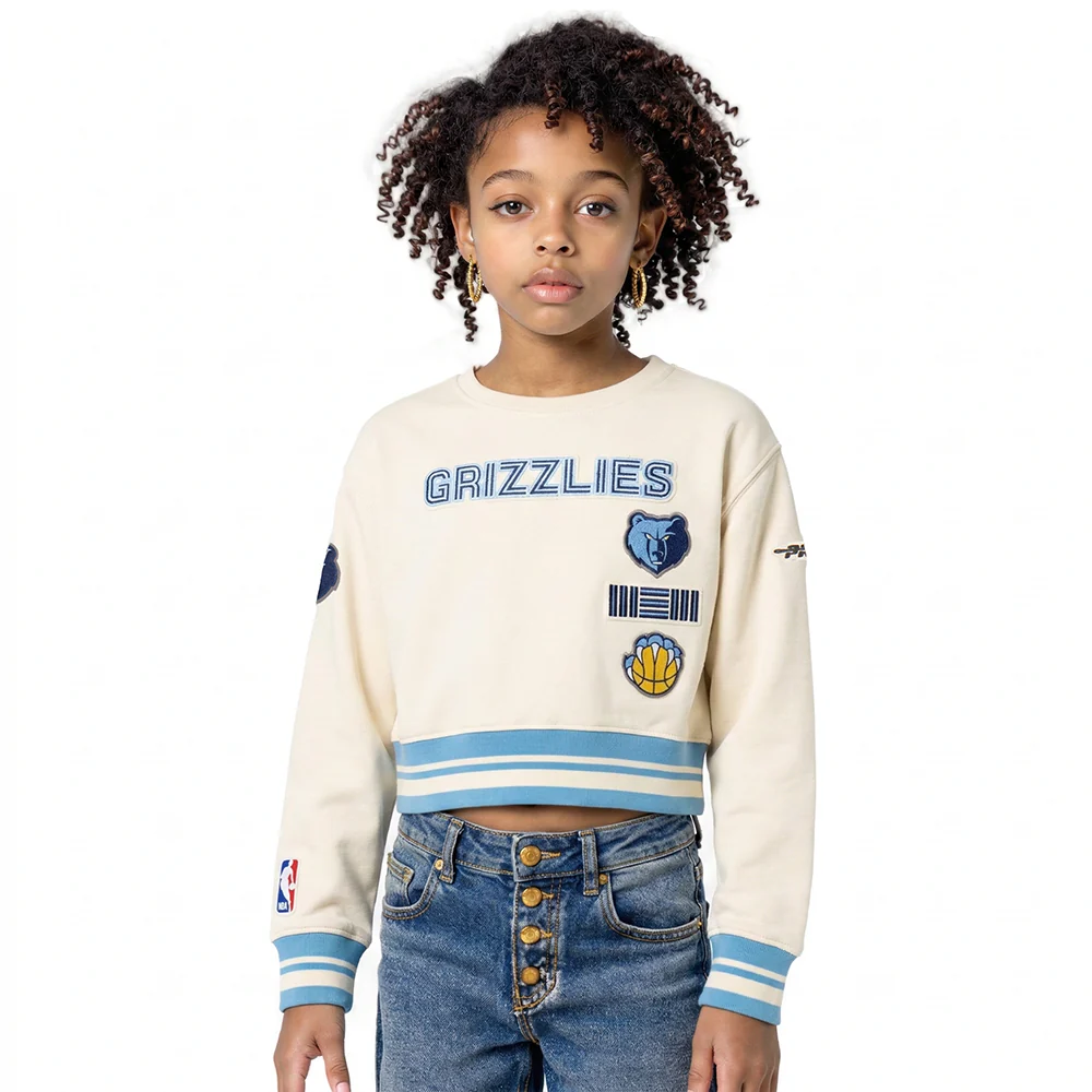 NBA MEMPHIS GRIZZLIES RETRO CLASSIC LITTLE GIRLS RIB FLEECE CREWNECK (EGGSHELL/ UNIVERSITY BLUE)