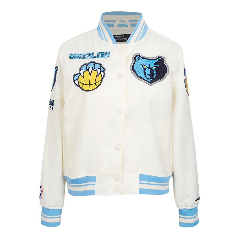 NBA MEMPHIS GRIZZLIES RETRO CLASSIC WOMEN'S RIB SATIN JACKET (EGGSHELL/UNIVERSAL BLUE)