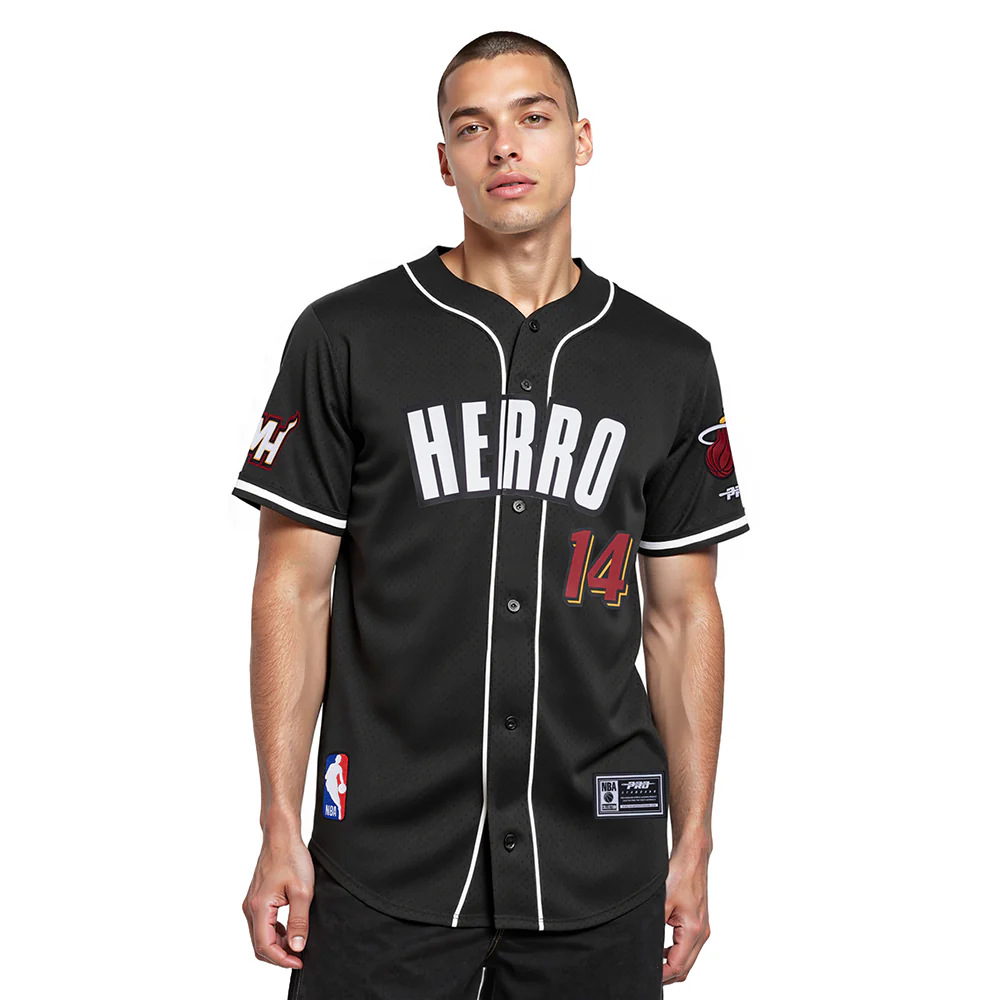 NBA MIAMI HEAT TYLER HERRO #14 CLASSIC MESH PNN MEN'S MESH BUTTON DOWN SHIRT (BLACK)