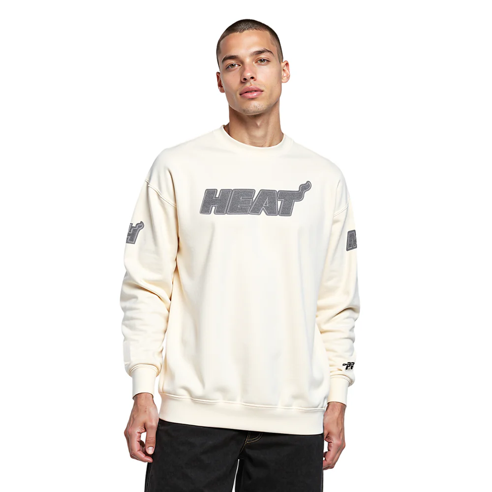 NBA MIAMI HEAT REVERSE FRENCH TERRY MEN'S DROP SHOULDER FLC CREWNECK (EGGSHELL)