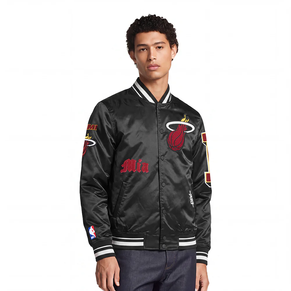 NBA MIAMI HEAT OLD ENGLISH MEN'S RIB SATIN JACKET (BLACK)