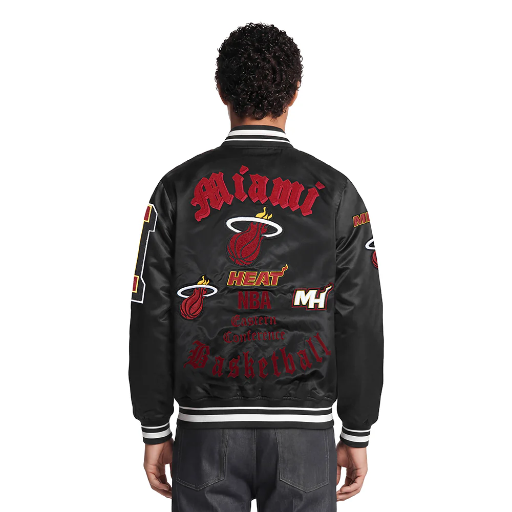 NBA MIAMI HEAT OLD ENGLISH MEN'S RIB SATIN JACKET (BLACK) - Image 2