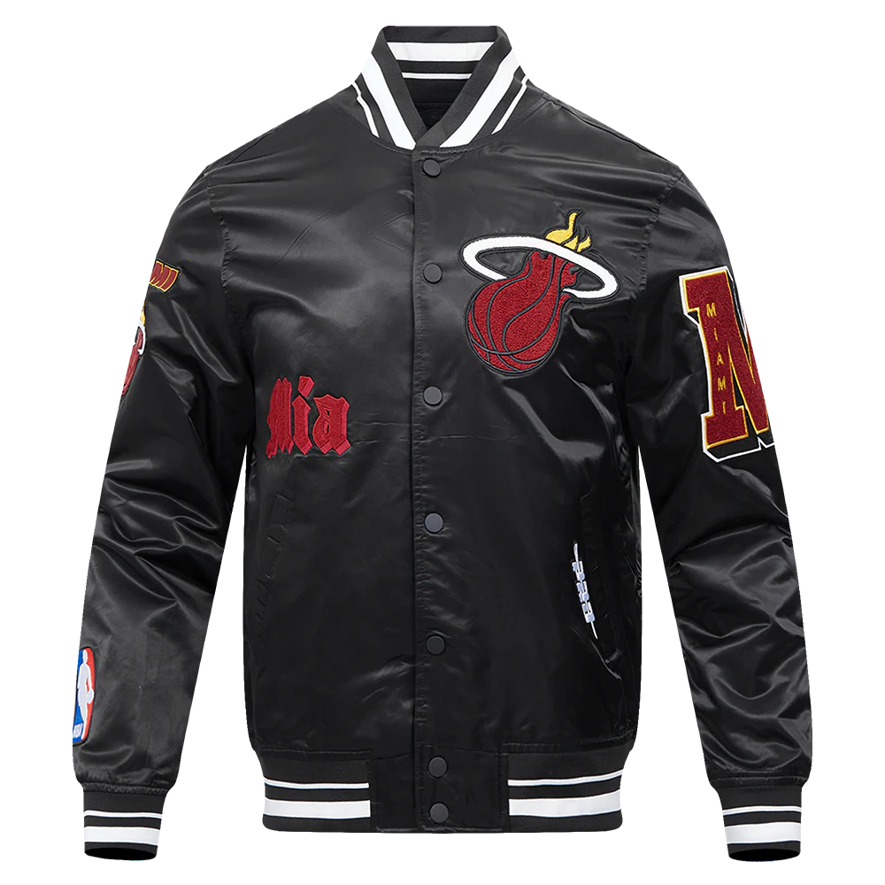 NBA MIAMI HEAT OLD ENGLISH MEN'S RIB SATIN JACKET (BLACK) - Image 3