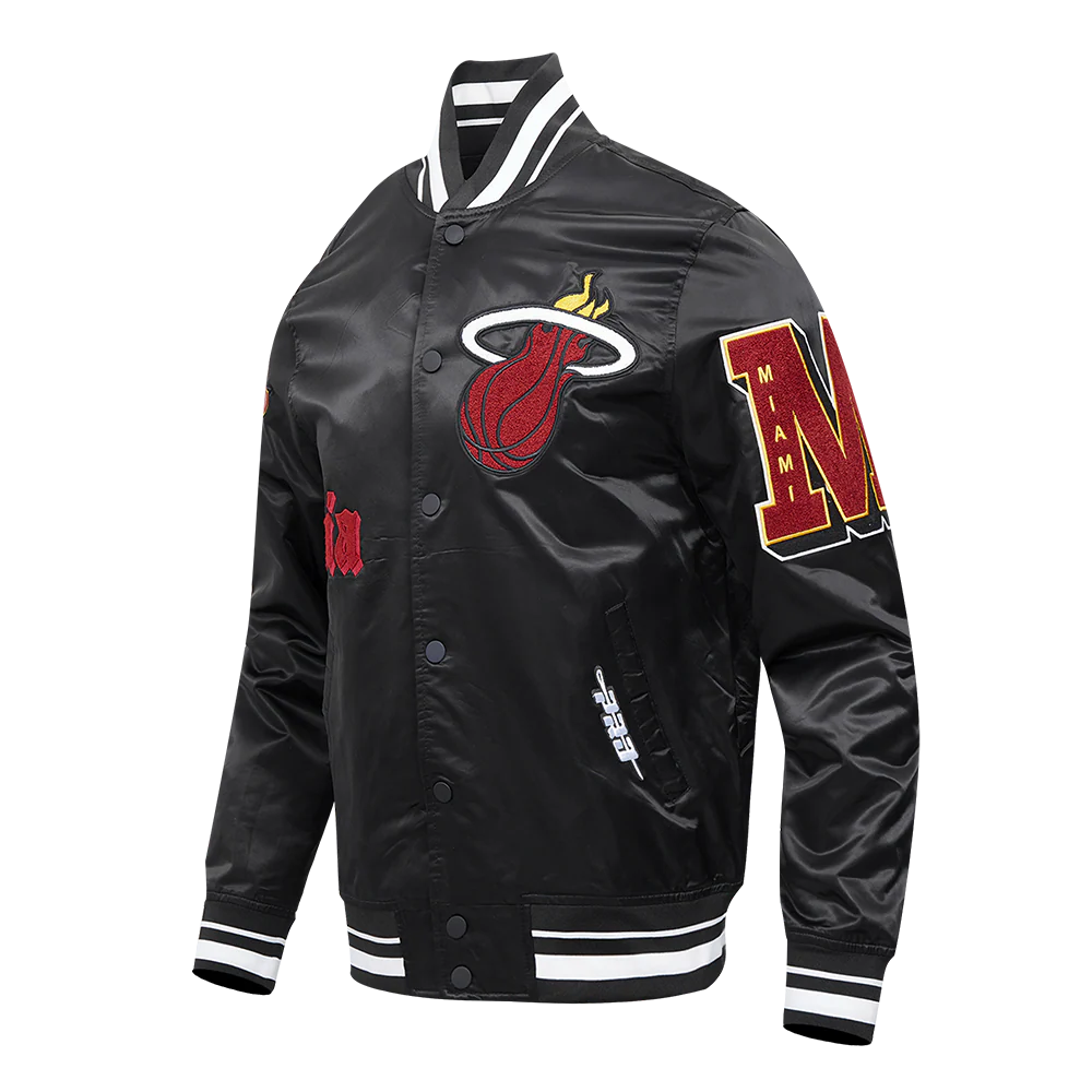 NBA MIAMI HEAT OLD ENGLISH MEN'S RIB SATIN JACKET (BLACK) - Image 4