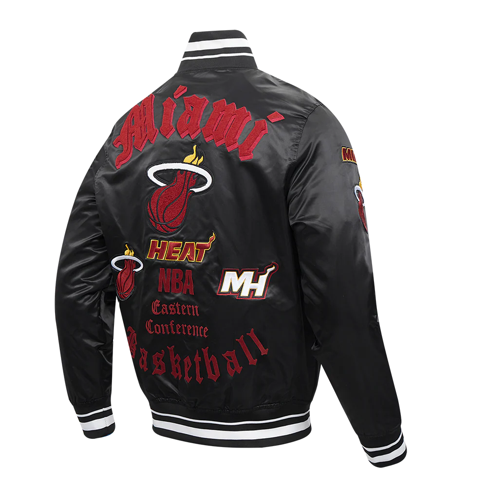 NBA MIAMI HEAT OLD ENGLISH MEN'S RIB SATIN JACKET (BLACK) - Image 5