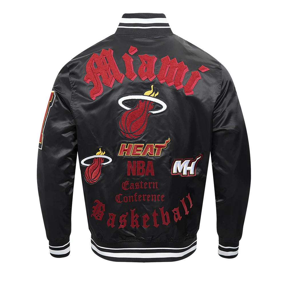 NBA MIAMI HEAT OLD ENGLISH MEN'S RIB SATIN JACKET (BLACK) - Image 6