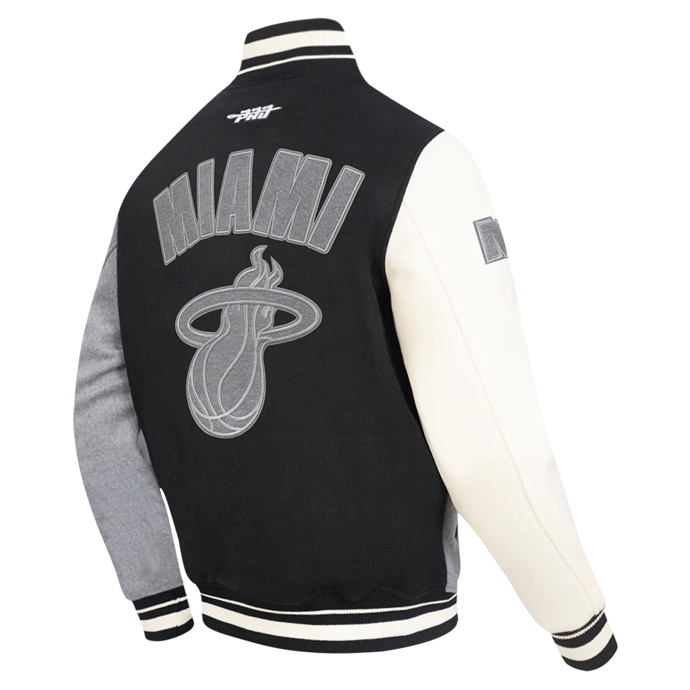 NBA MIAMII HEAT REVERSE FRENCH TERRY MEN'S COLOR BLOCK WOOL VARSITY JACKET (BLACK/GRAY/EGGSHELL) - Image 4