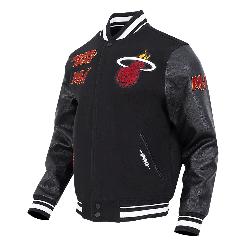 NBA MIAMI HEAT RETRO CLASSIC MEN'S RIB WOOL VARSITY JACKET (BLACK) - Image 2