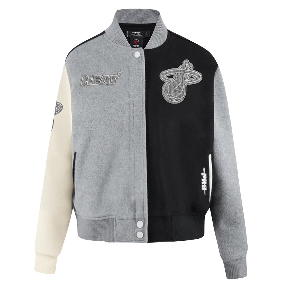 NBA MIAMI HEAT REVERSE FRENCH TERRY WOMEN'S WOOL VARSITY JACKET (BLACK/GRAY/EGGSHELL)