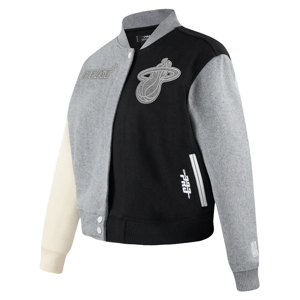NBA MIAMI HEAT REVERSE FRENCH TERRY WOMEN'S WOOL VARSITY JACKET (BLACK/GRAY/EGGSHELL) - Image 2