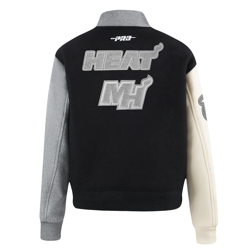 NBA MIAMI HEAT REVERSE FRENCH TERRY WOMEN'S WOOL VARSITY JACKET (BLACK/GRAY/EGGSHELL) - Image 3