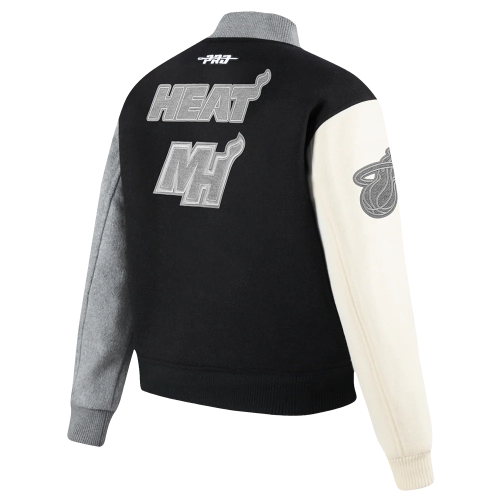 NBA MIAMI HEAT REVERSE FRENCH TERRY WOMEN'S WOOL VARSITY JACKET (BLACK/GRAY/EGGSHELL) - Image 4