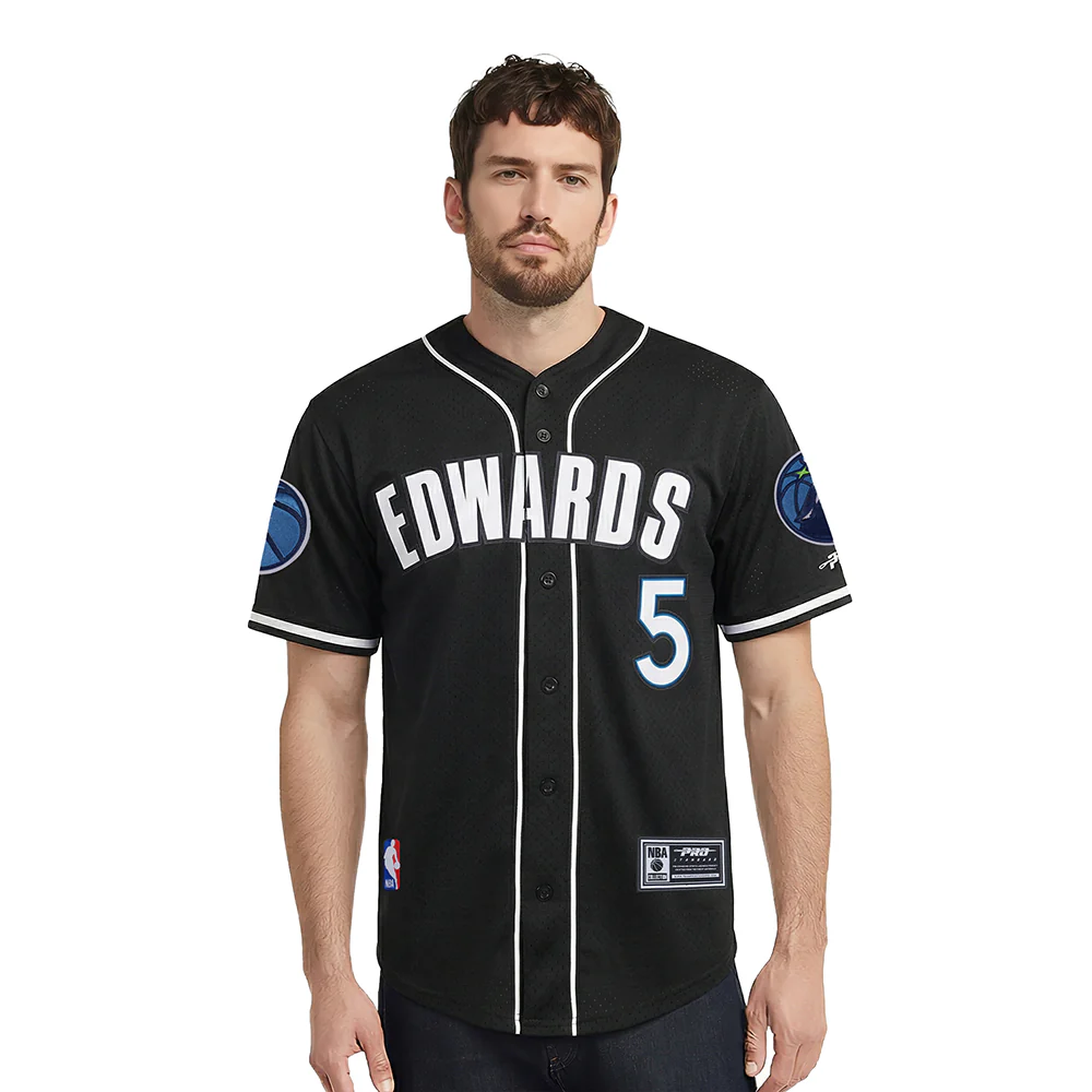 NBA MINNESOTA TIMBERWOLVES ANTHONY EDWARDS #5 CLASSIC MESH PNN MEN'S MESH BUTTON DOWN SHIRT (BLACK)