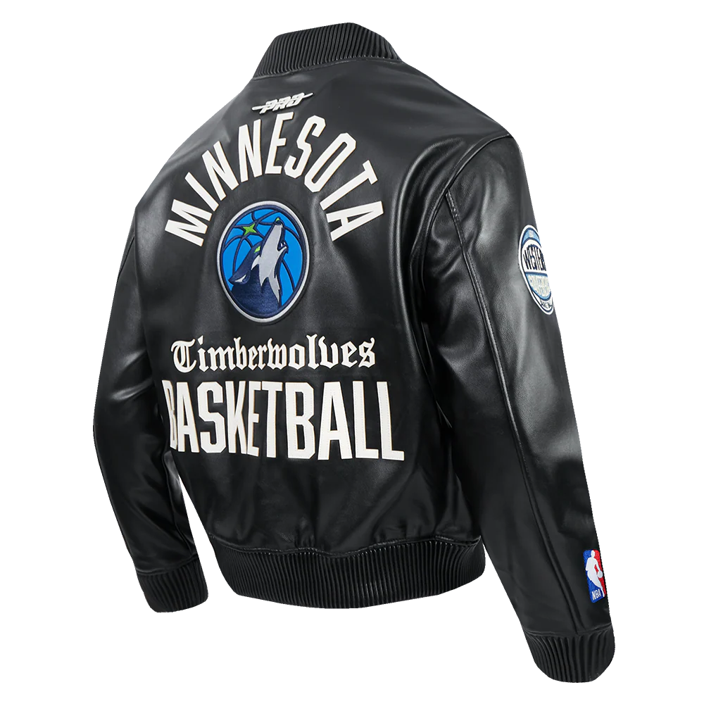 NBA MINNESOTA TIMBERWOLVES MODERN ORIGINALS MEN'S LEATHER VARSITY JACKET (JET BLACK) - Image 4
