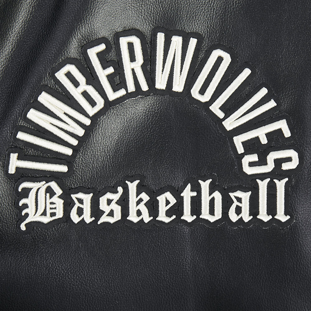 NBA MINNESOTA TIMBERWOLVES MODERN ORIGINALS MEN'S LEATHER VARSITY JACKET (JET BLACK) - Image 7