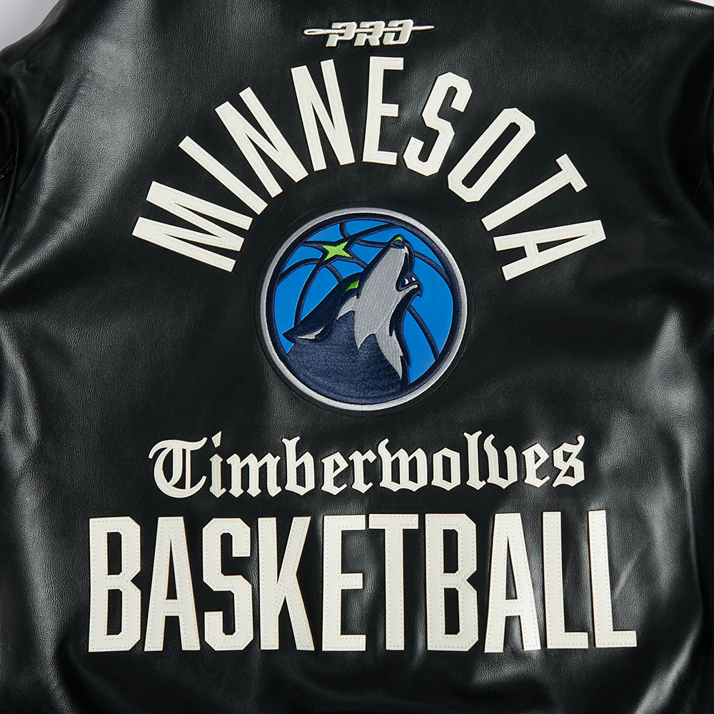 NBA MINNESOTA TIMBERWOLVES MODERN ORIGINALS MEN'S LEATHER VARSITY JACKET (JET BLACK) - Image 8