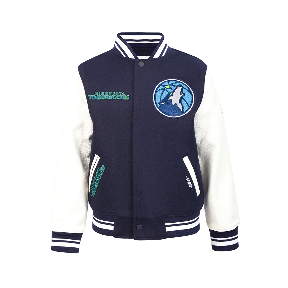NBA MINNESOTA TIMBERWOLVES RETRO CLASSIC BIG BOY'S RIB WOOL VARSITY JAC (MIDNIGHT NAVY/WHITE)