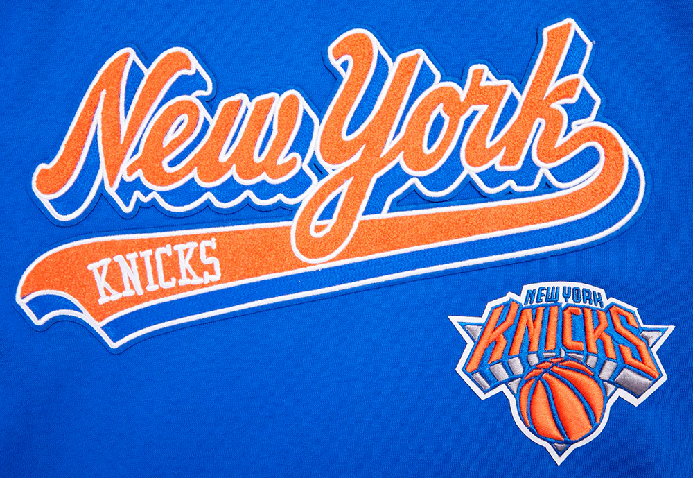 NBA NEW YORK KNICKS SCRIPT TAIL MEN'S RIB FLEECE PULLOVER HOODIE (ROYAL/ORANGE/ROYAL) - Image 6