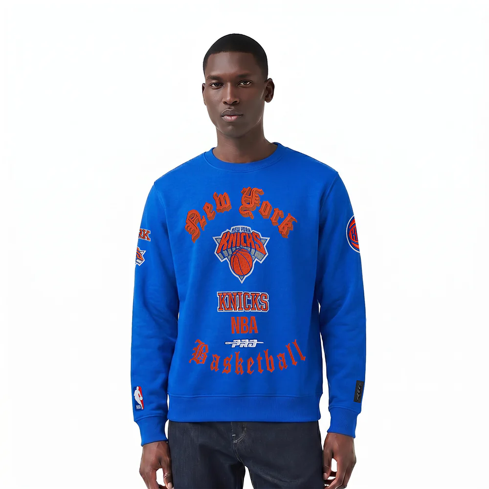 NBA NEW YORK KNICKS OLD ENGLISH MEN'S CREWNECK (ROYAL BLUE)