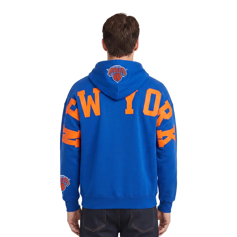 NBA NEW YORK KNICKS WINGSPAN MEN'S DROP SHOULDER FLEECE PULLOVER HOODIE (ROYAL BLUE)