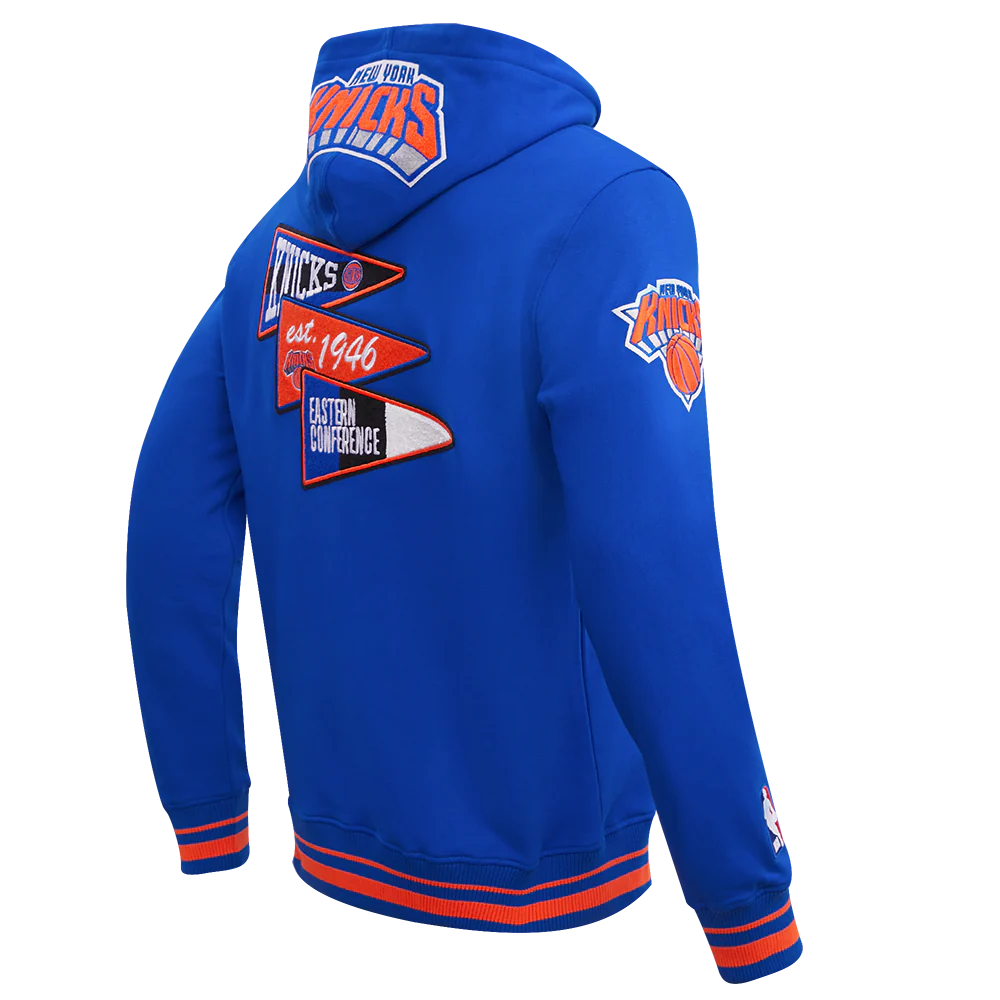 NBA NEW YORK KNICKS TEAM PENNANTS MEN'S RIB FLEECE PULLOVER HOODIE (ROYAL/ORANGE/ROYAL) - Image 3