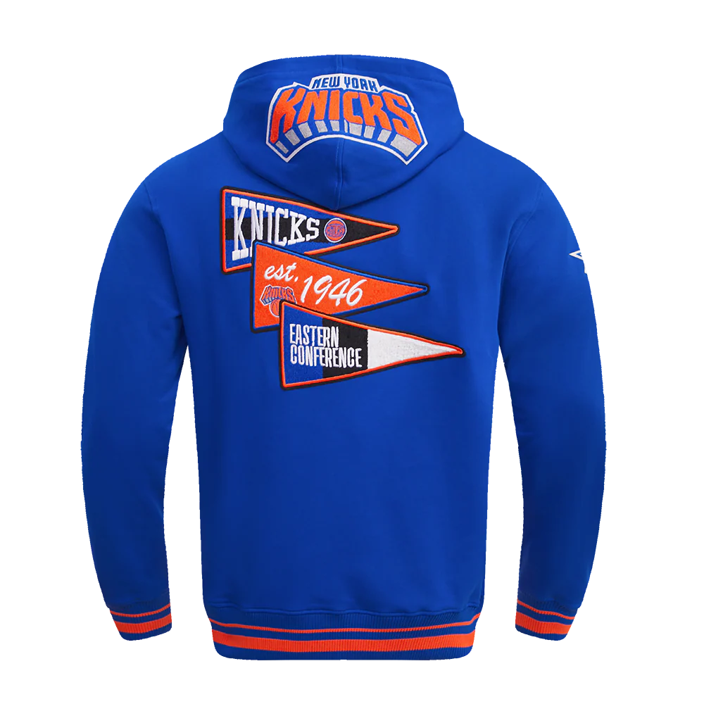 NBA NEW YORK KNICKS TEAM PENNANTS MEN'S RIB FLEECE PULLOVER HOODIE (ROYAL/ORANGE/ROYAL) - Image 4