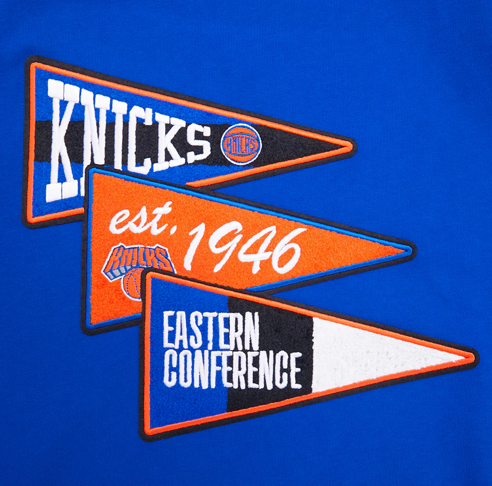 NBA NEW YORK KNICKS TEAM PENNANTS MEN'S RIB FLEECE PULLOVER HOODIE (ROYAL/ORANGE/ROYAL) - Image 5