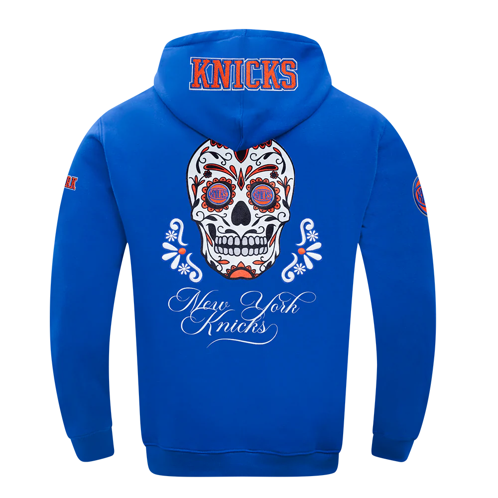 NBA NEW YORK KNICKS SUGAR SKULL MEN'S FLEECE PULLOVER HOODIE (ROYAL BLUE) - Image 3