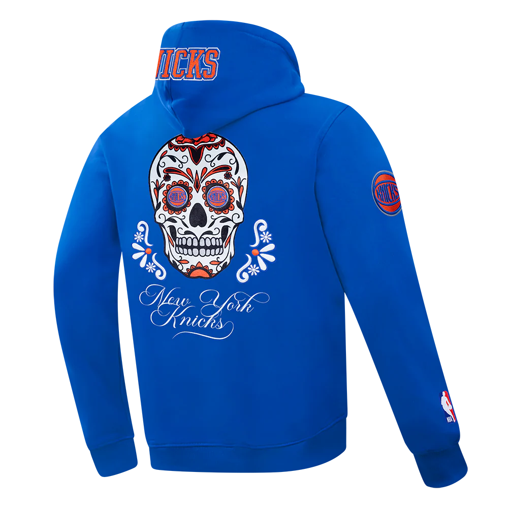 NBA NEW YORK KNICKS SUGAR SKULL MEN'S FLEECE PULLOVER HOODIE (ROYAL BLUE) - Image 4