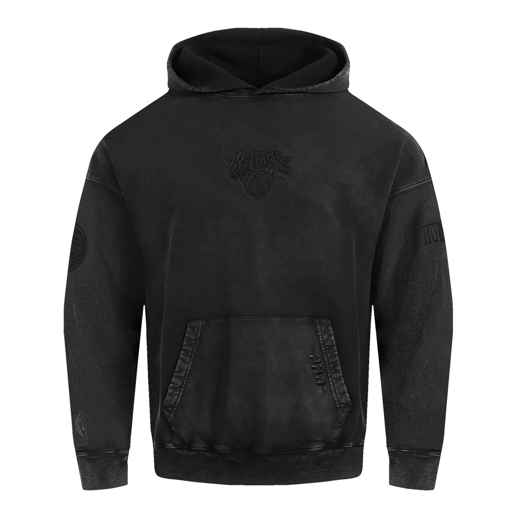 NBA NEW YORK KNICKS WASHED CLASSIC MEN'S ENZYME WASH DROP SHOULDER FLC PO HOODIE (WASHED BLACK)