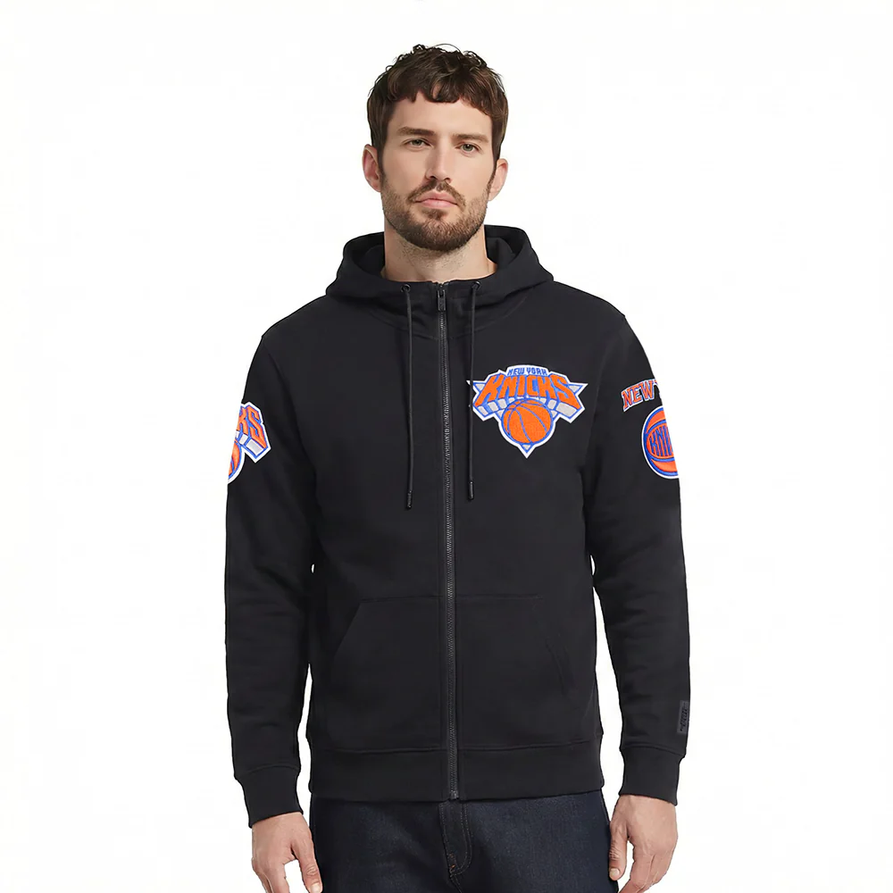 NBA NEW YORK KNICKS CLASSIC CHENILLE MEN'S FULL ZIP PULLOVER HOODIE (BLACK)